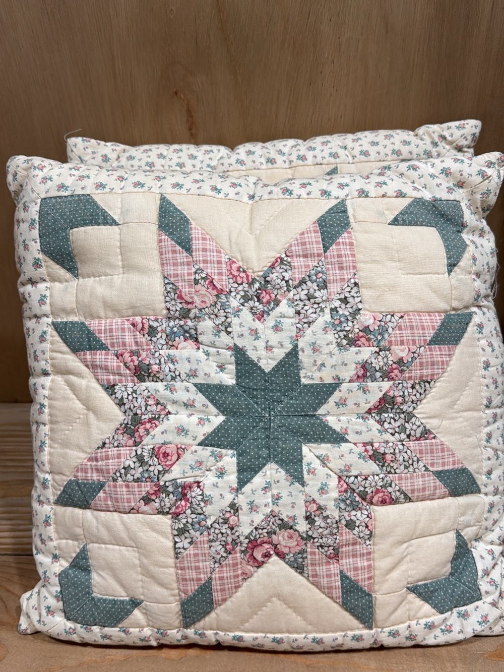 2 Handmade Patchwork Star Quilted Pillow - Pink, Green, Cream - vintage Lonestar